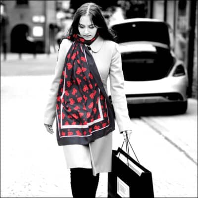 'Timeless' poppy print scarf in black, by Jacqueline Hurley